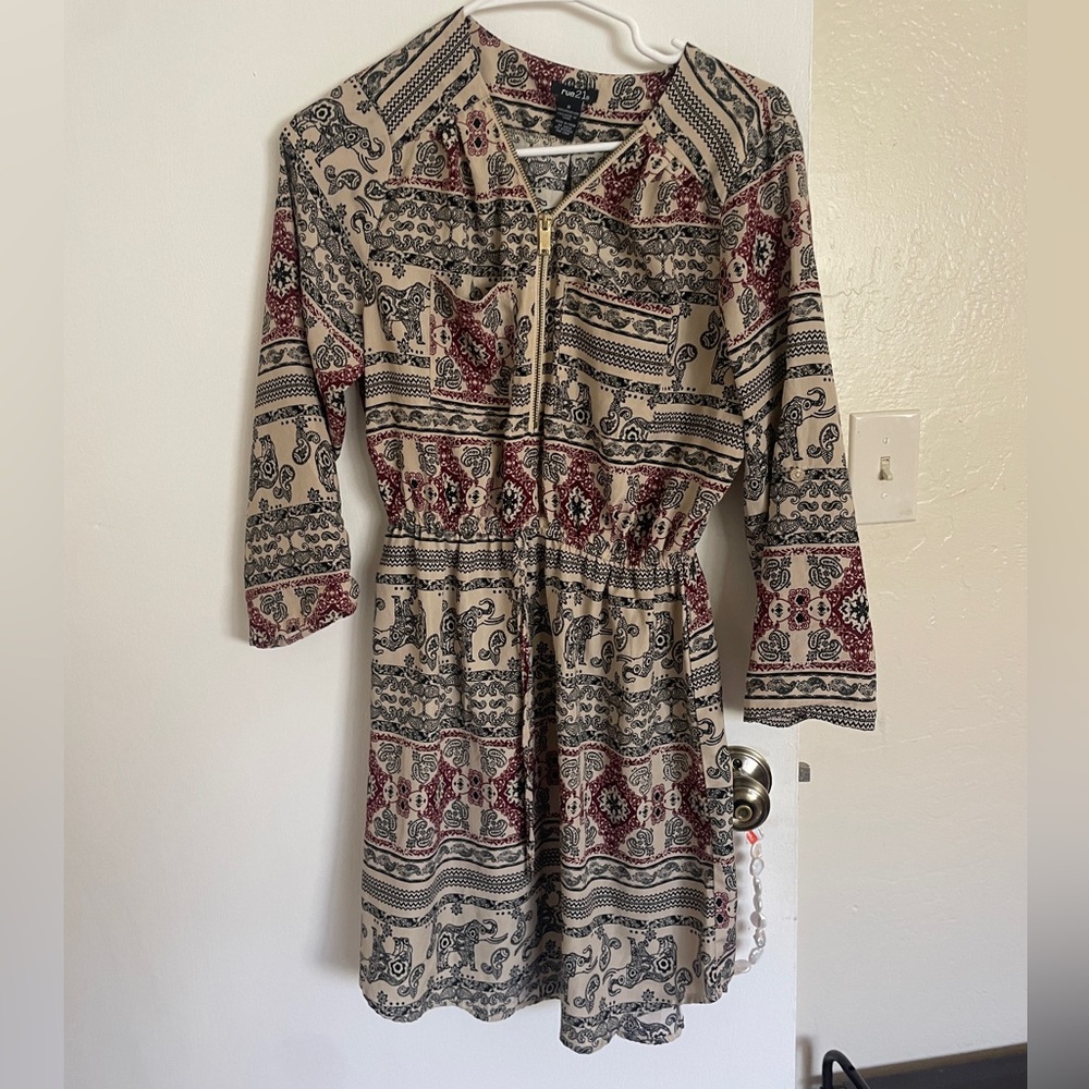 Rue21 Brown Tan Paisley Sundress 3/4 Sleeve Scoop Neck